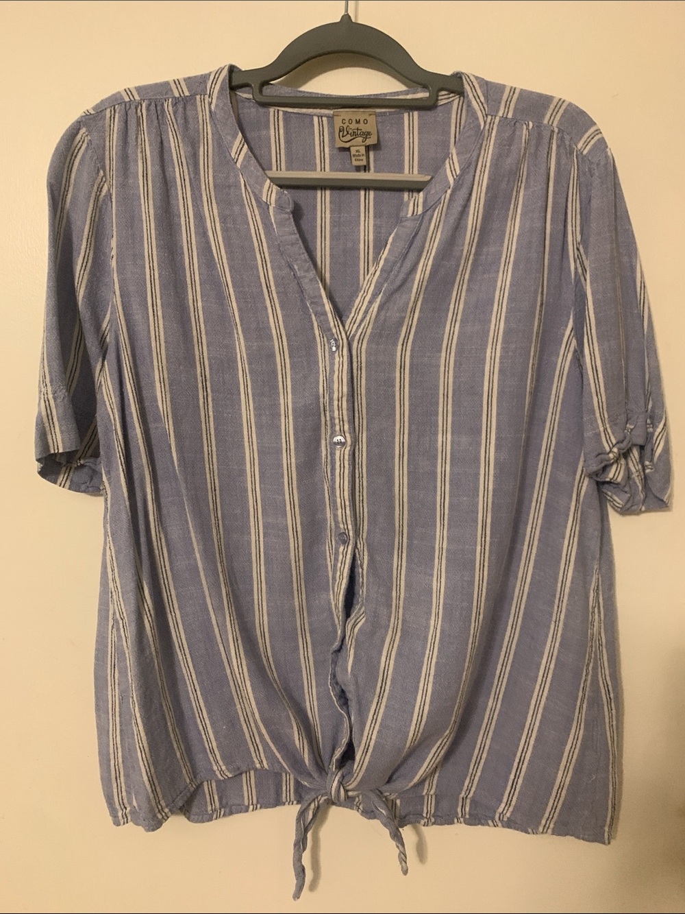 Como Vintage Blue and White Striped Tie-Hem Button Down Shirt